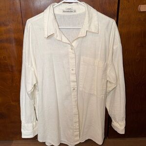 Abercrombie & Fitch Women's Cream Long-Sleeve Linen Button-Up Shirt